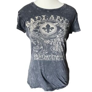 Crash & Burn Y2K Womens Acid Wash Graphic Tee Fleur De Lis Supima Cotton Black M